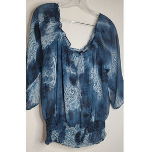 Blue Paisley Print Sheer Peasant Blouse Shirred Waist Three-quarter Sleeves Sz L